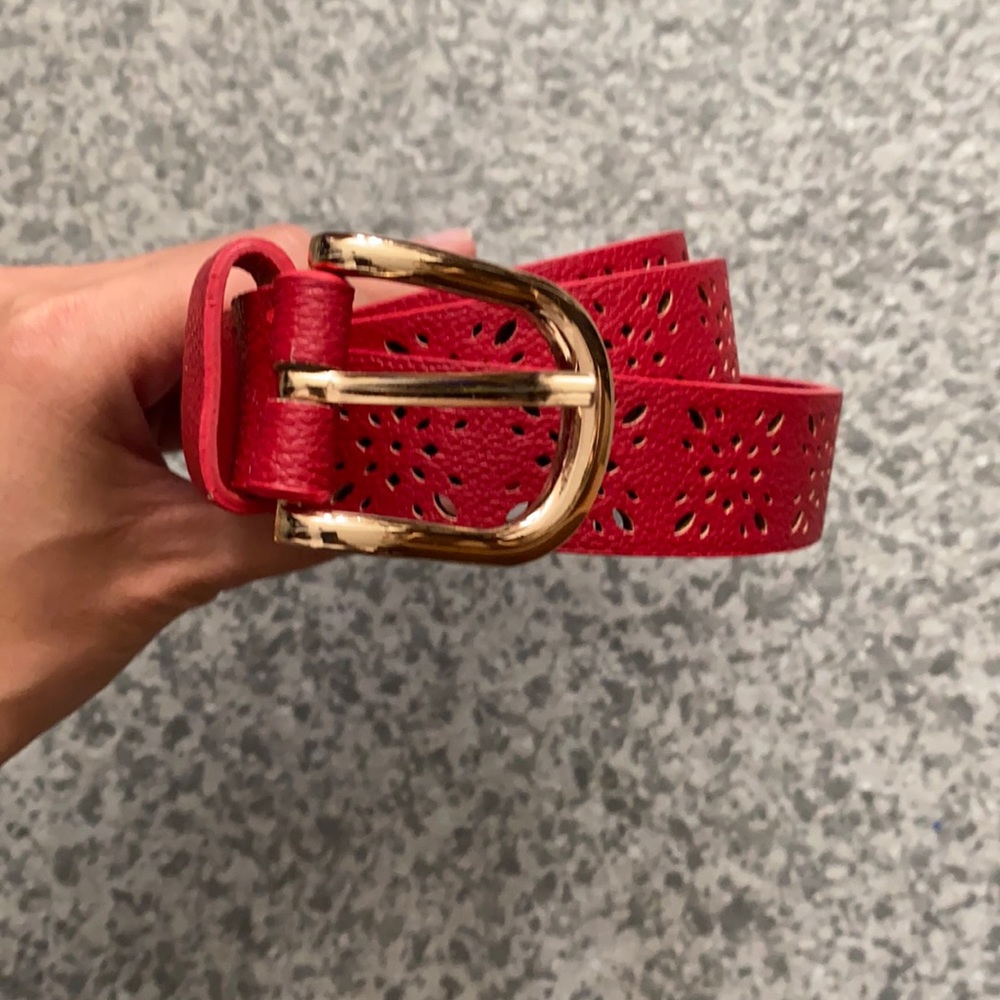 Red leather belt with gold hardware